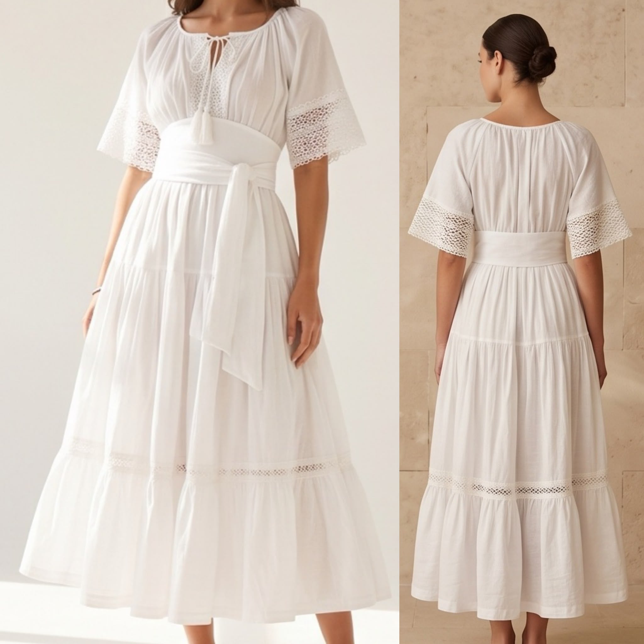Rochie Nationala alba din panza topita cu maneca scurta - Alma 03