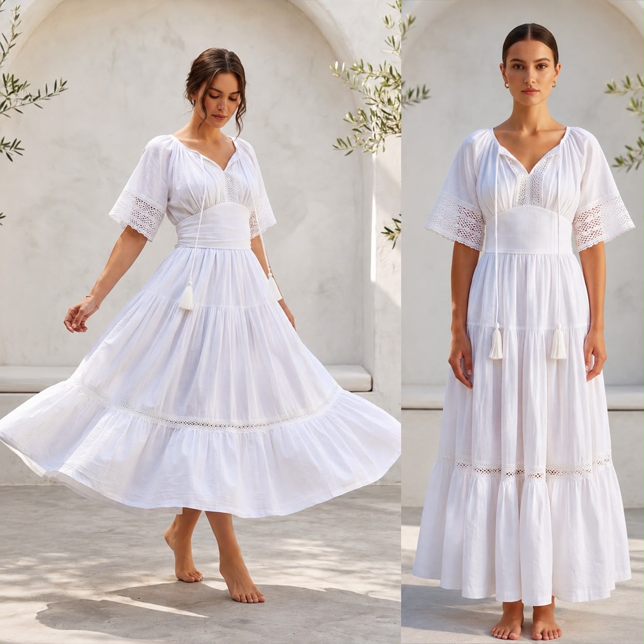 Rochie Nationala alba din panza topita cu maneca scurta - Alma 03