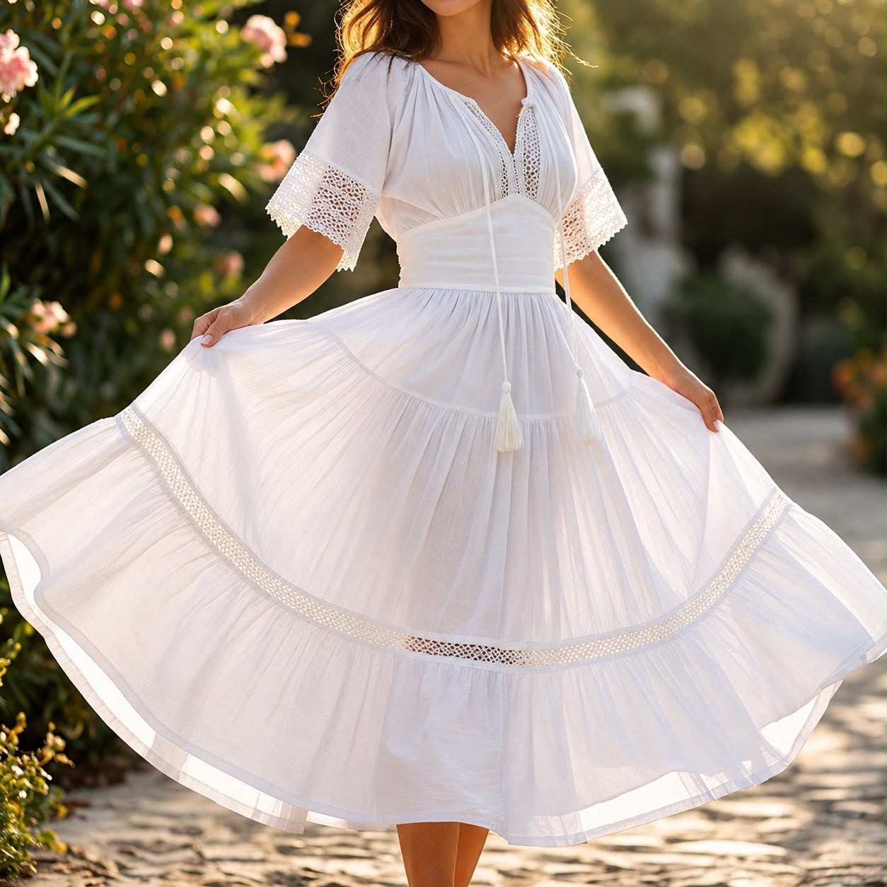 Rochie Nationala alba din panza topita cu maneca scurta - Alma 03