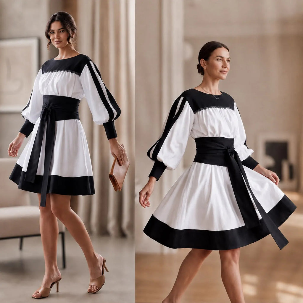 Rochie tip ie modernă din in natural alb si negru – Mara alb-negru 02