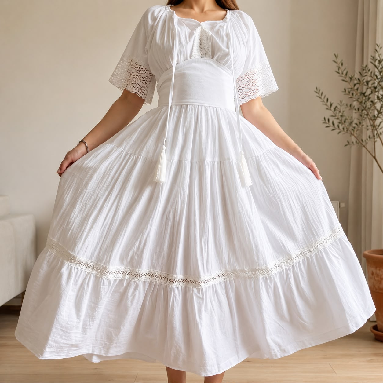 Rochie Nationala alba din panza topita cu maneca scurta - Alma 03