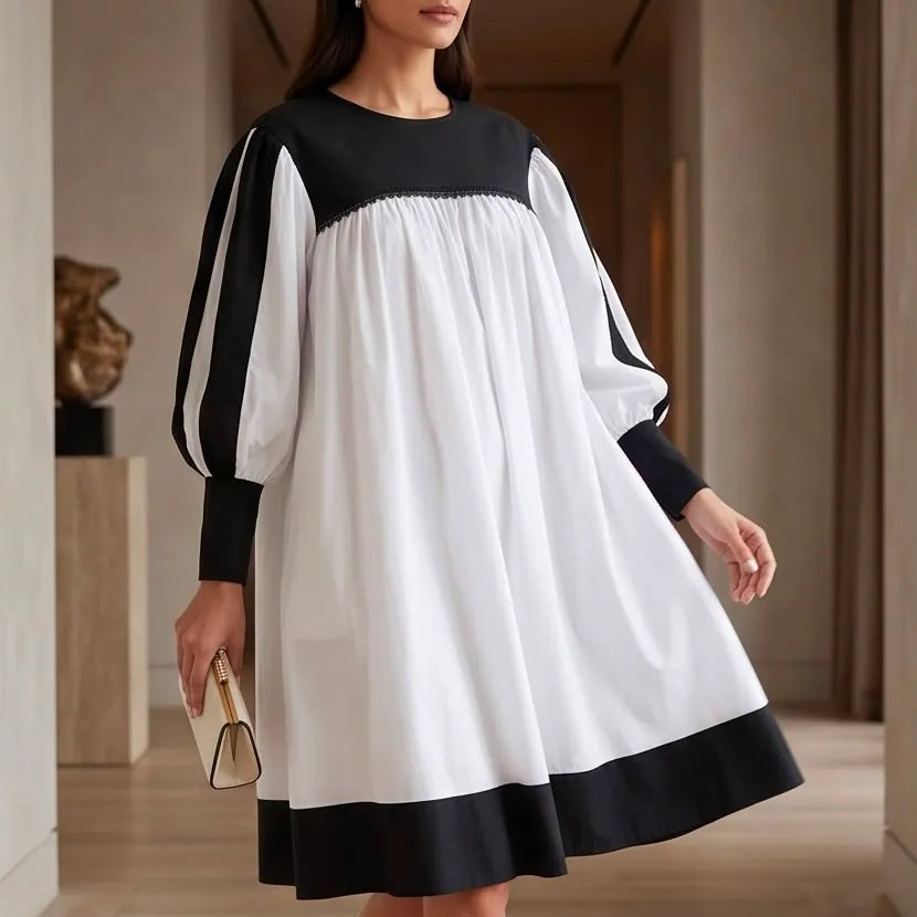 Rochie tip ie modernă din in natural alb si negru – Mara alb-negru 02