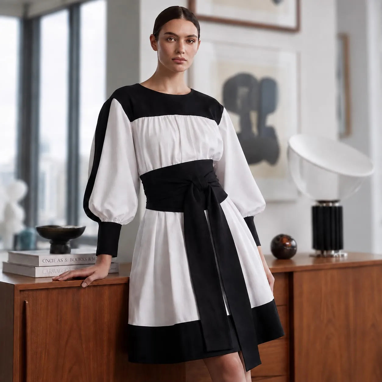 Rochie tip ie modernă din in natural alb si negru – Mara alb-negru 02
