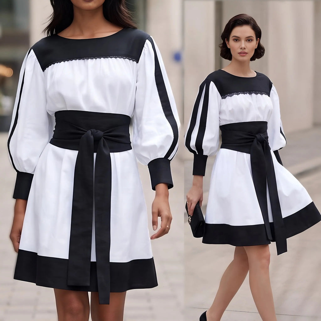 Rochie tip ie modernă din in natural alb si negru – Mara alb-negru 02