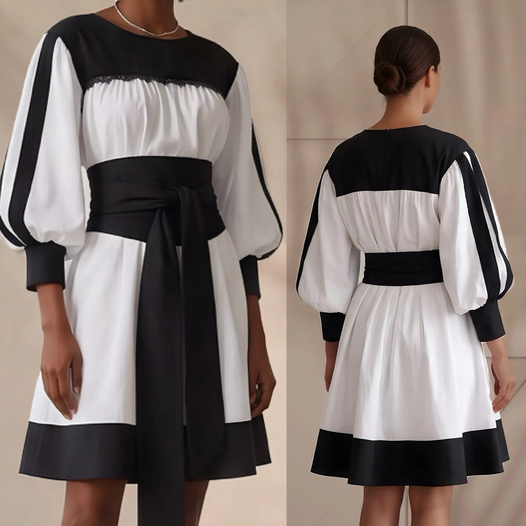 Rochie tip ie modernă din in natural alb si negru – Mara alb-negru 02