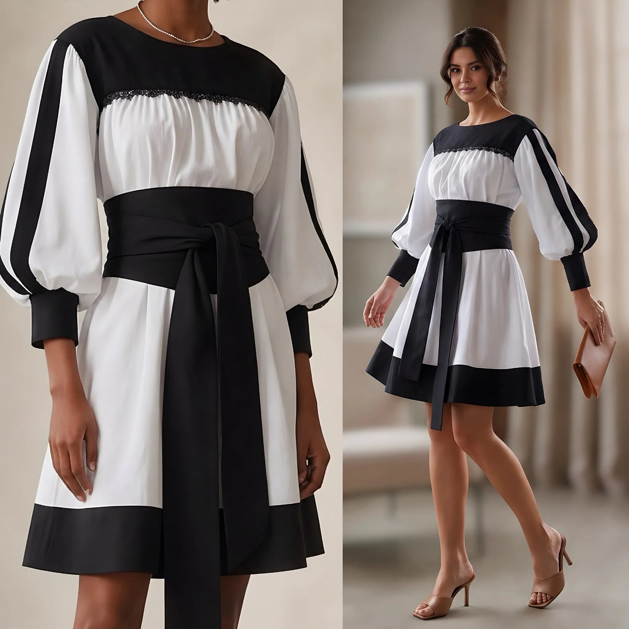 Rochie tip ie modernă din in natural alb si negru – Mara alb-negru 02