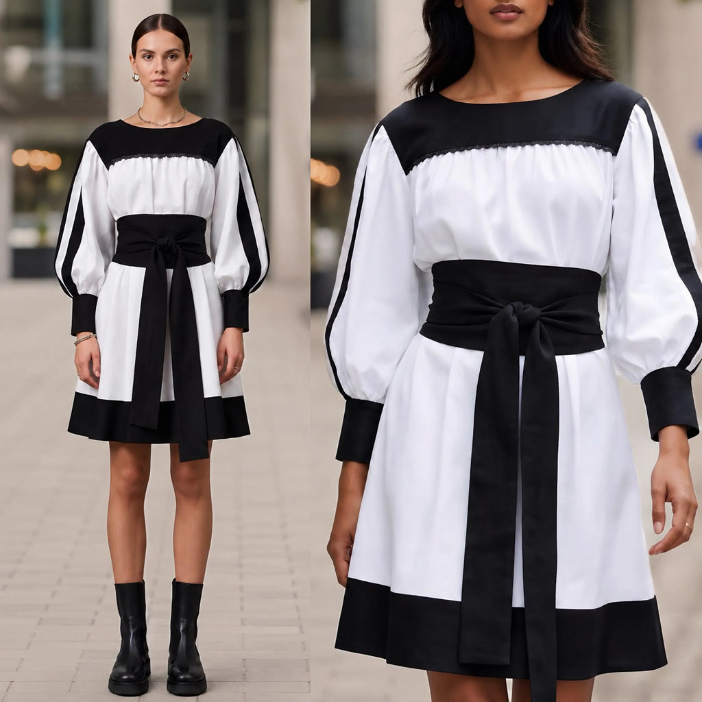 Rochie tip ie modernă din in natural alb si negru – Mara alb-negru 02