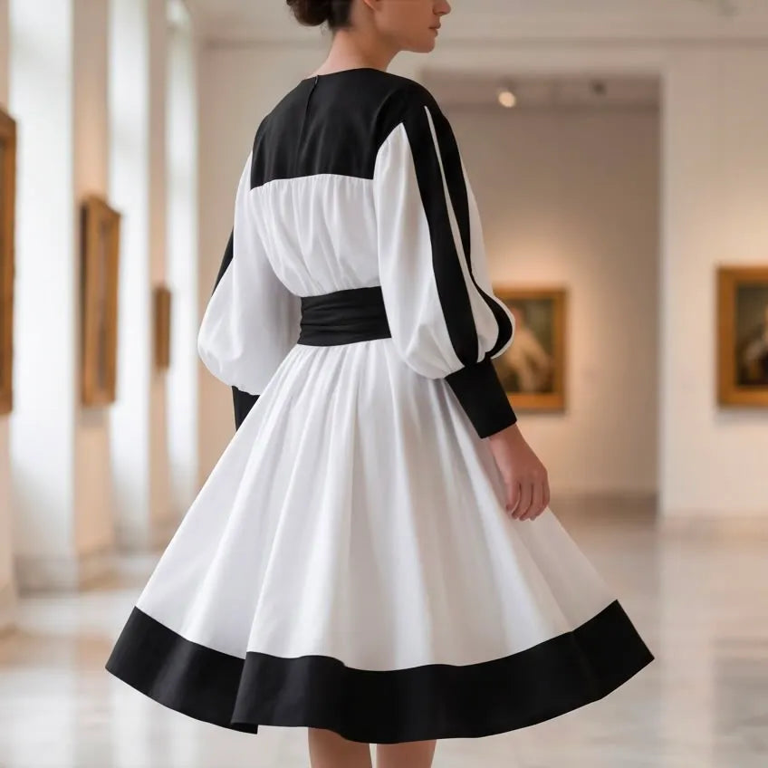 Rochie tip ie modernă din in natural alb si negru – Mara alb-negru 02