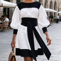 Rochie tip ie modernă din in natural alb si negru – Mara alb-negru 02