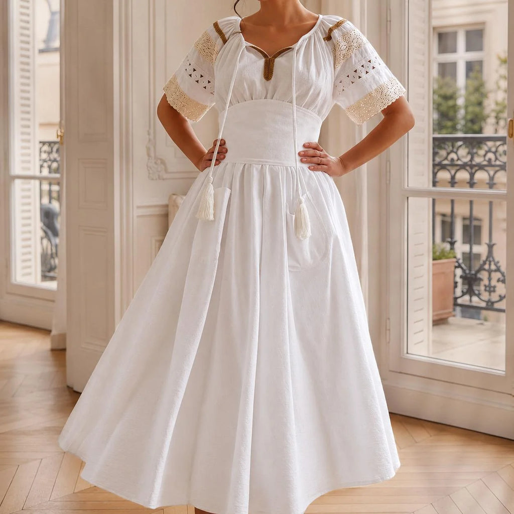 Rochie Nationala alba din panza topita cu maneca scurta - Elisabeta 02