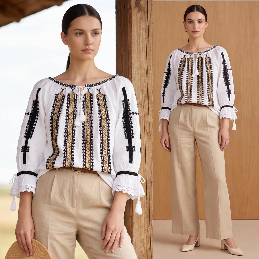 IE Nationala alba cu broderie geometrica - Sabina