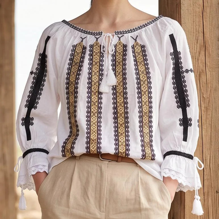 IE Nationala alba cu broderie geometrica - Sabina