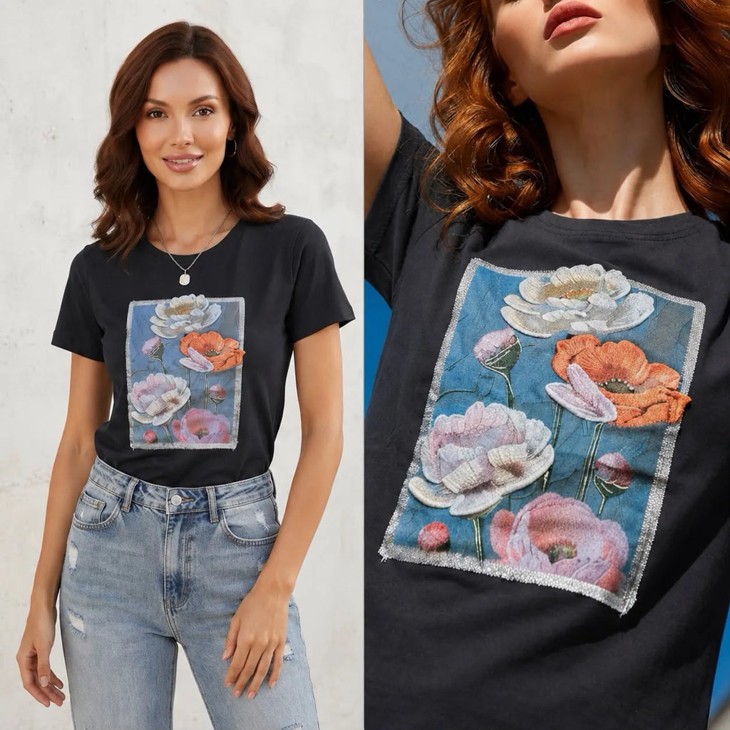 Tricou cu imprimeu cu floral 3D - Andra alb/roz/portocaliu 05