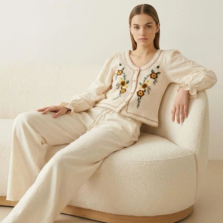 Bluza tip ie crem cu broderie florala - Larisa