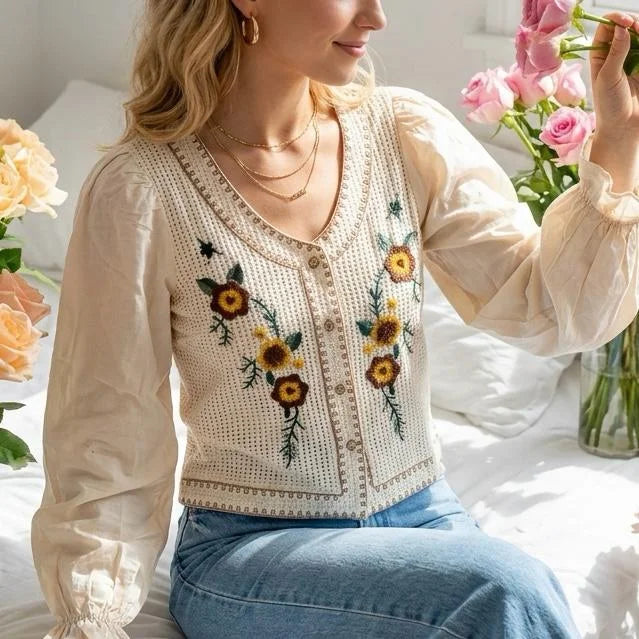 Bluza tip ie crem cu broderie florala - Larisa