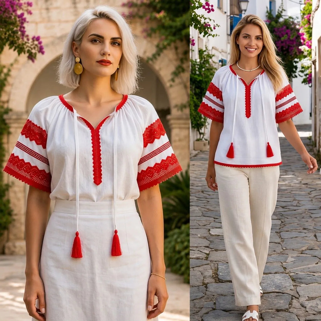 IE Nationala alba din panza topita cu maneca scurta - Diana rosu 05