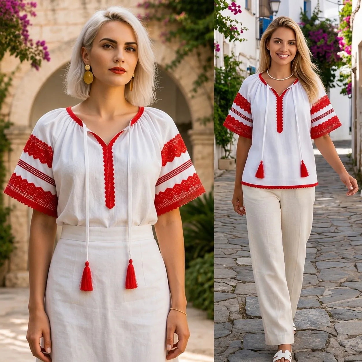 IE Nationala alba din panza topita cu maneca scurta - Diana rosu 05