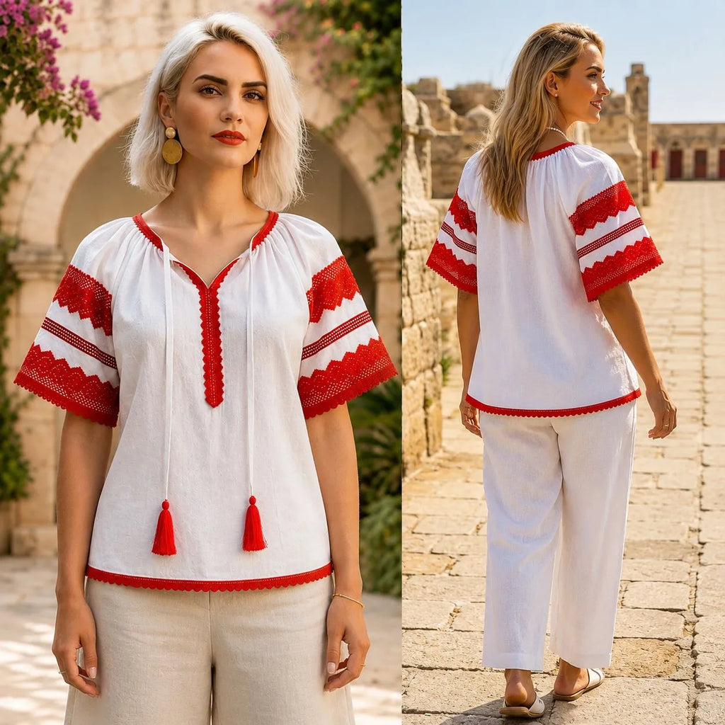 IE Nationala alba din panza topita cu maneca scurta - Diana rosu 05