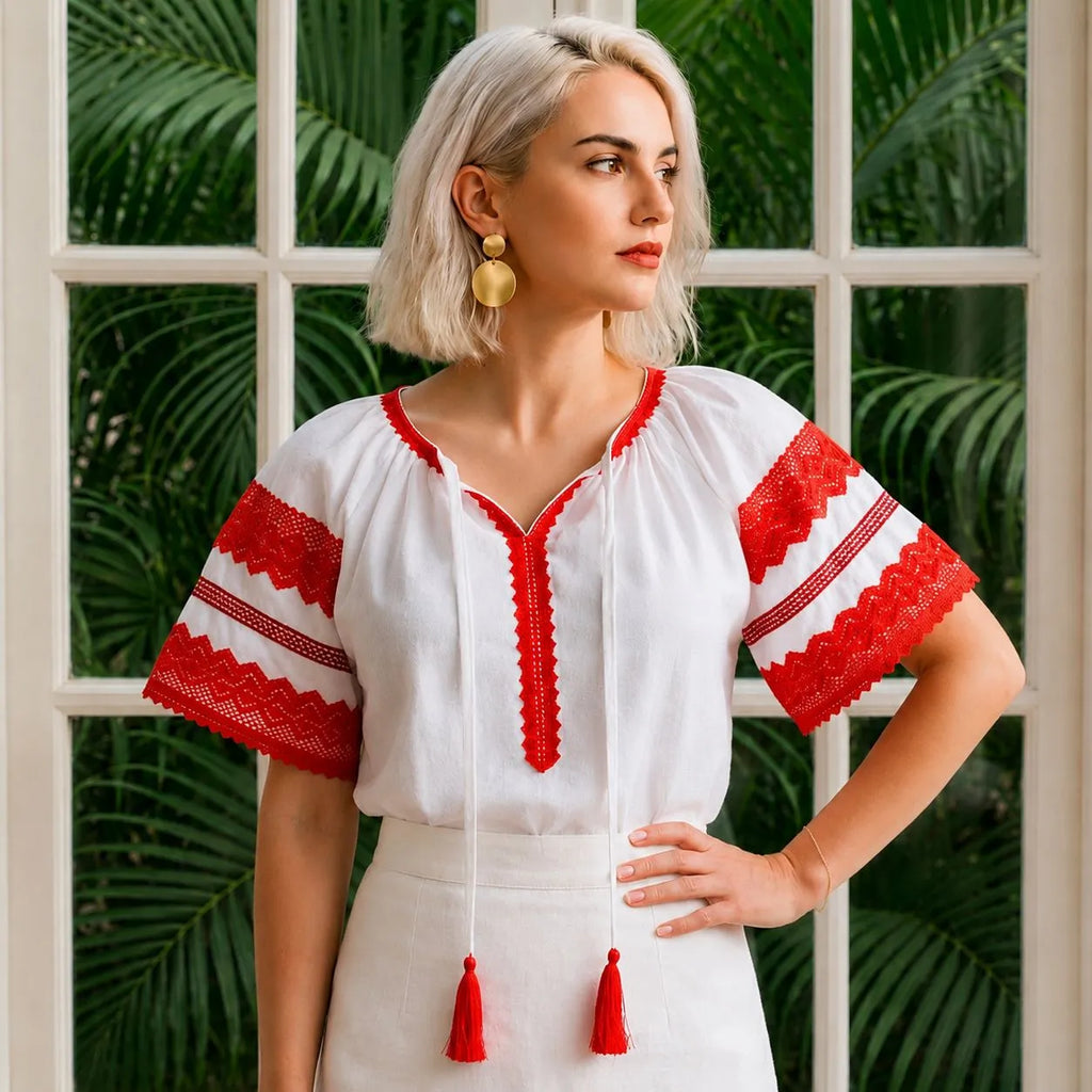 IE Nationala alba din panza topita cu maneca scurta - Diana rosu 05