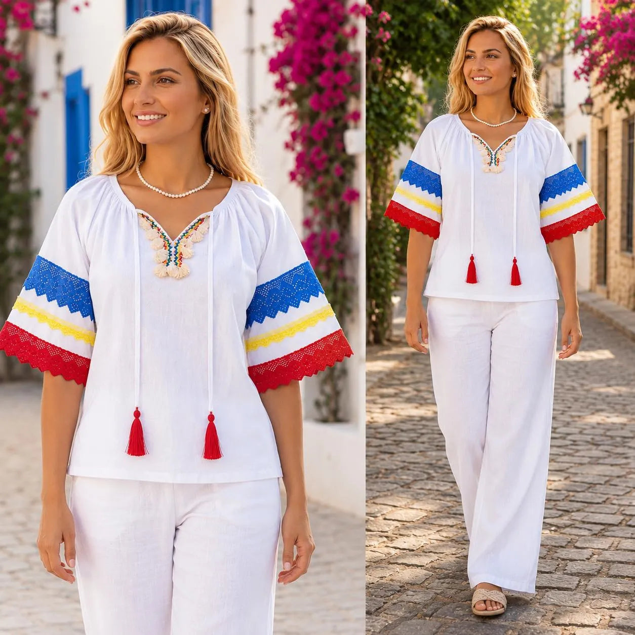 IE Nationala alba din panza de casa cu maneca scurta - Tricolor 03