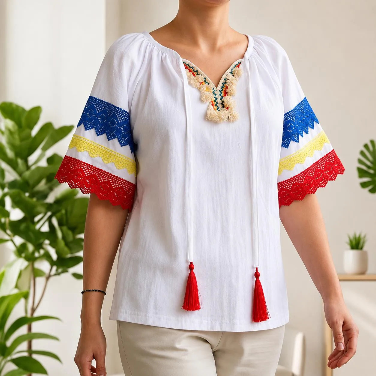 IE Nationala alba din panza de casa cu maneca scurta - Tricolor 03