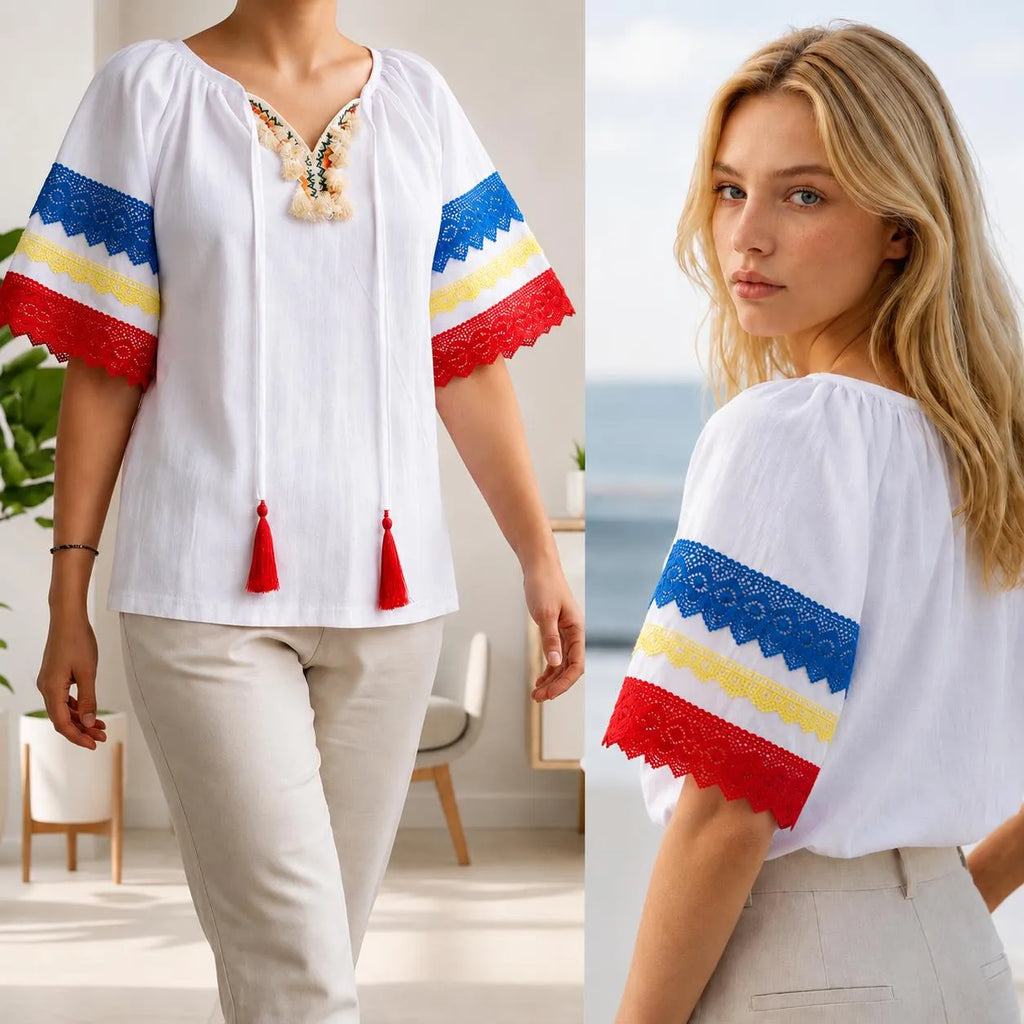 IE Nationala alba din panza de casa cu maneca scurta - Tricolor 03