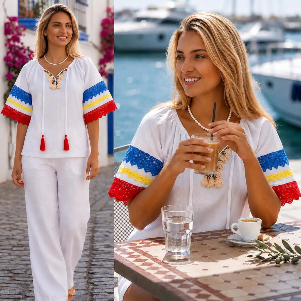 IE Nationala alba din panza de casa cu maneca scurta - Tricolor 03