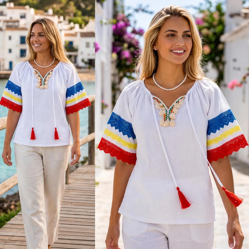IE Nationala alba din panza de casa cu maneca scurta - Tricolor 03