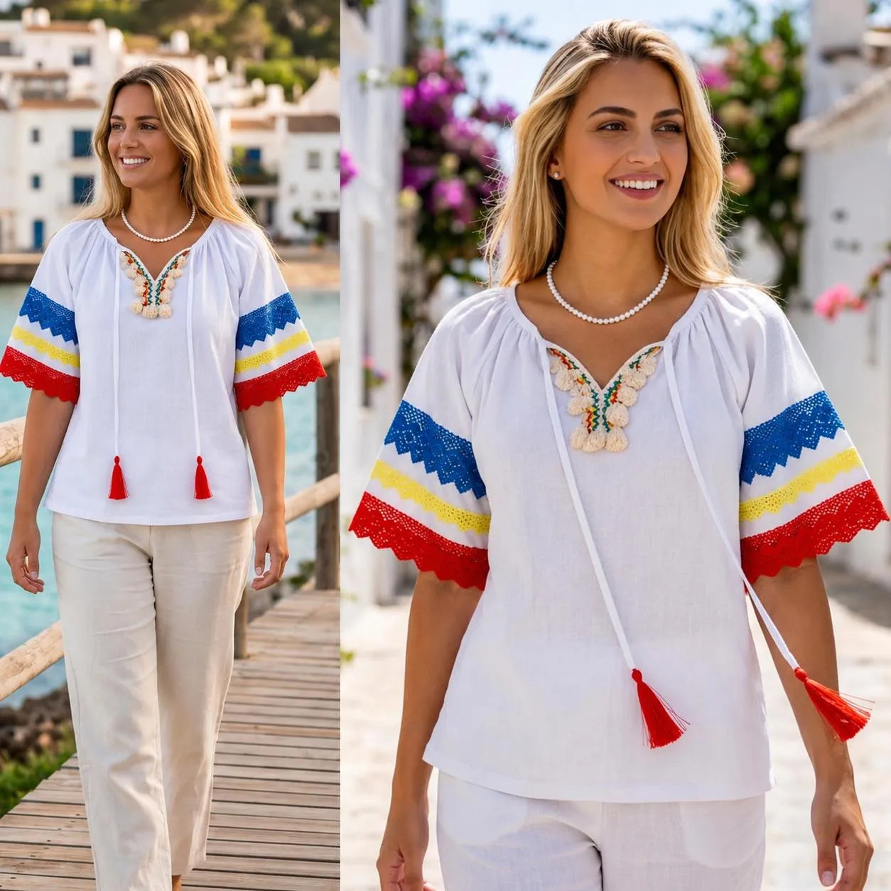 IE Nationala alba din panza de casa cu maneca scurta - Tricolor 03