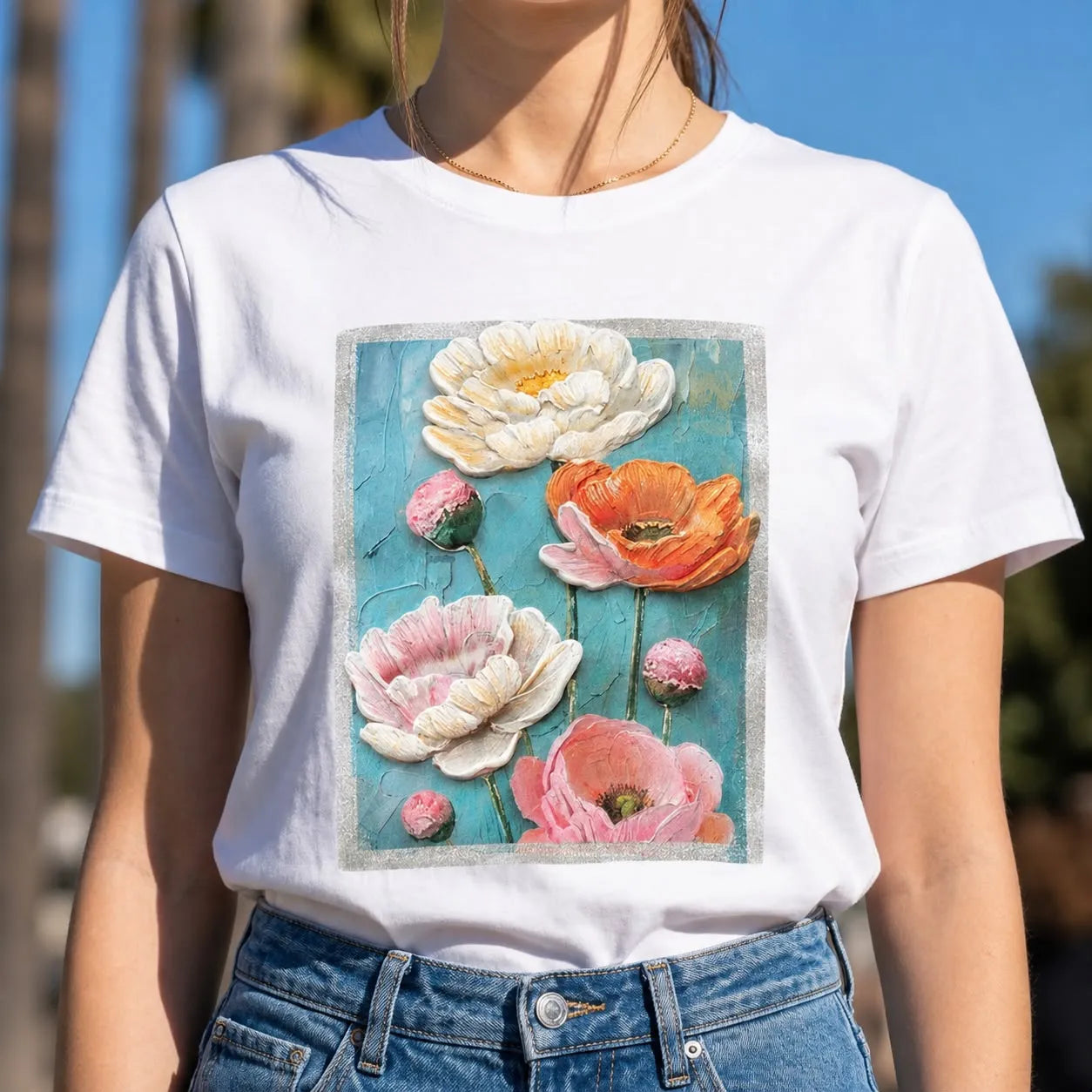Tricou cu imprimeu cu floral 3D - Andra alb/roz/portocaliu 05