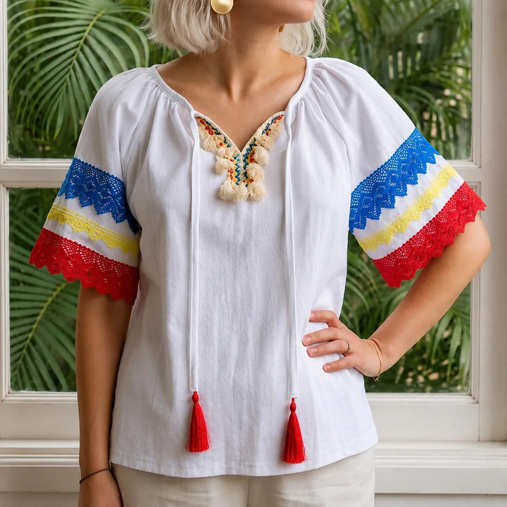 IE Nationala alba din panza de casa cu maneca scurta - Tricolor 03