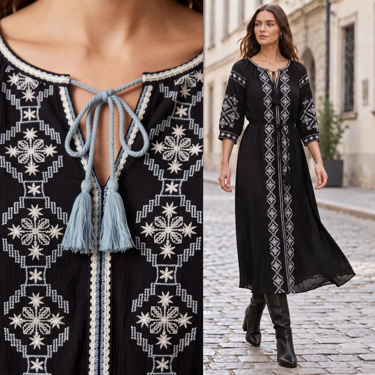 Rochie lunga tip ie traditionala - Nora negru 01