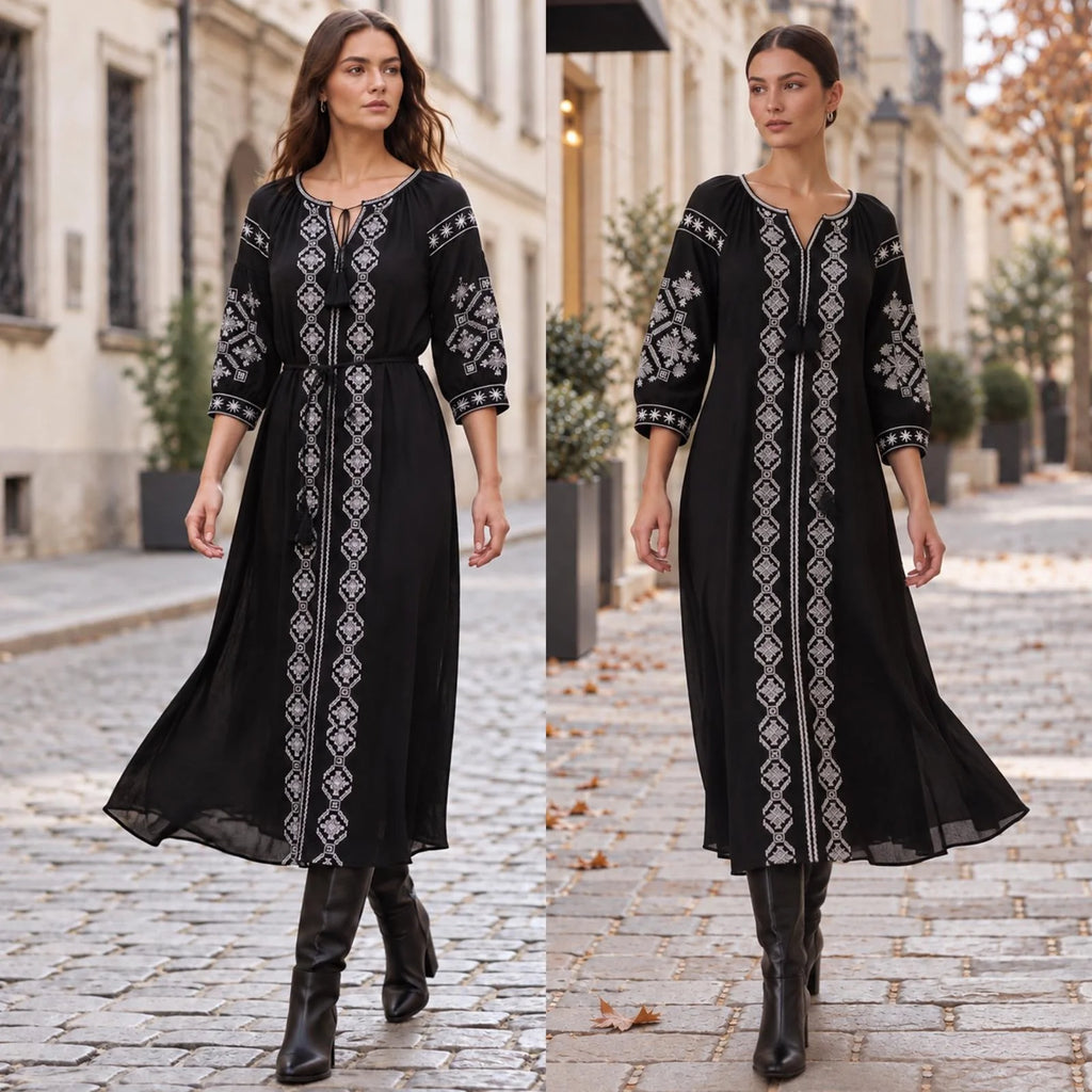 Rochie lunga tip ie traditionala - Nora negru 01