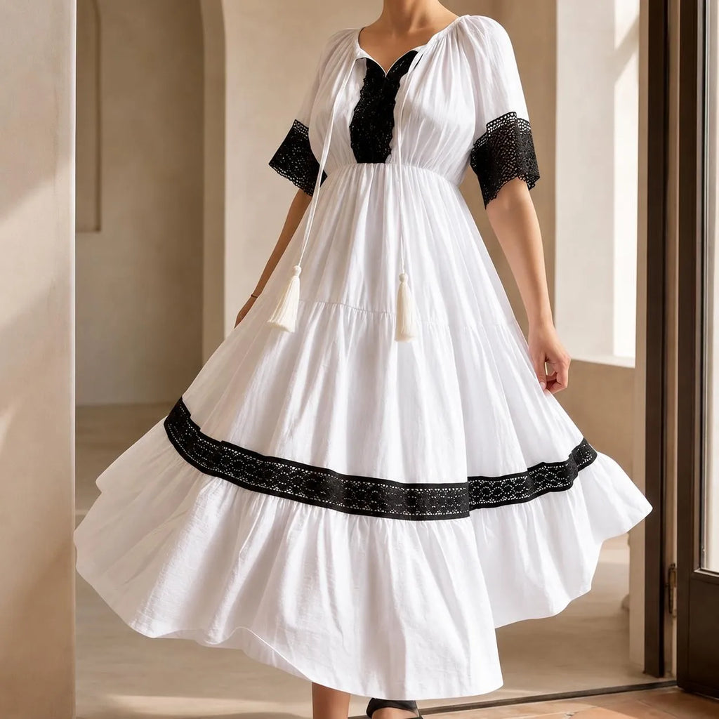 Rochie Nationala alba din panza topita, cu maneca scurta - Elena 02