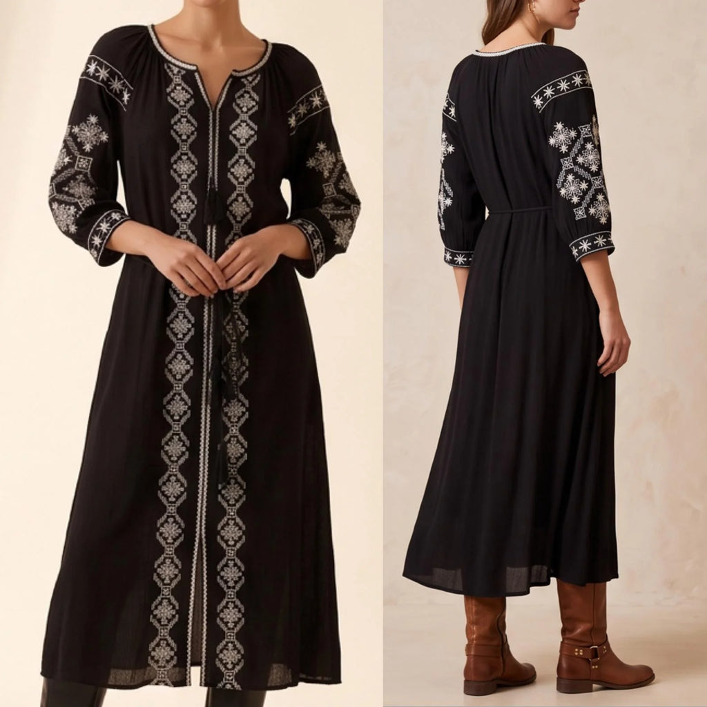 Rochie lunga tip ie traditionala - Nora negru 01