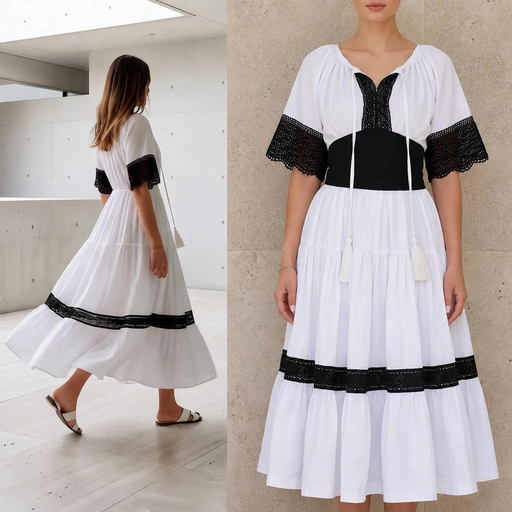 Rochie Nationala alba din panza topita, cu maneca scurta - Elena 02