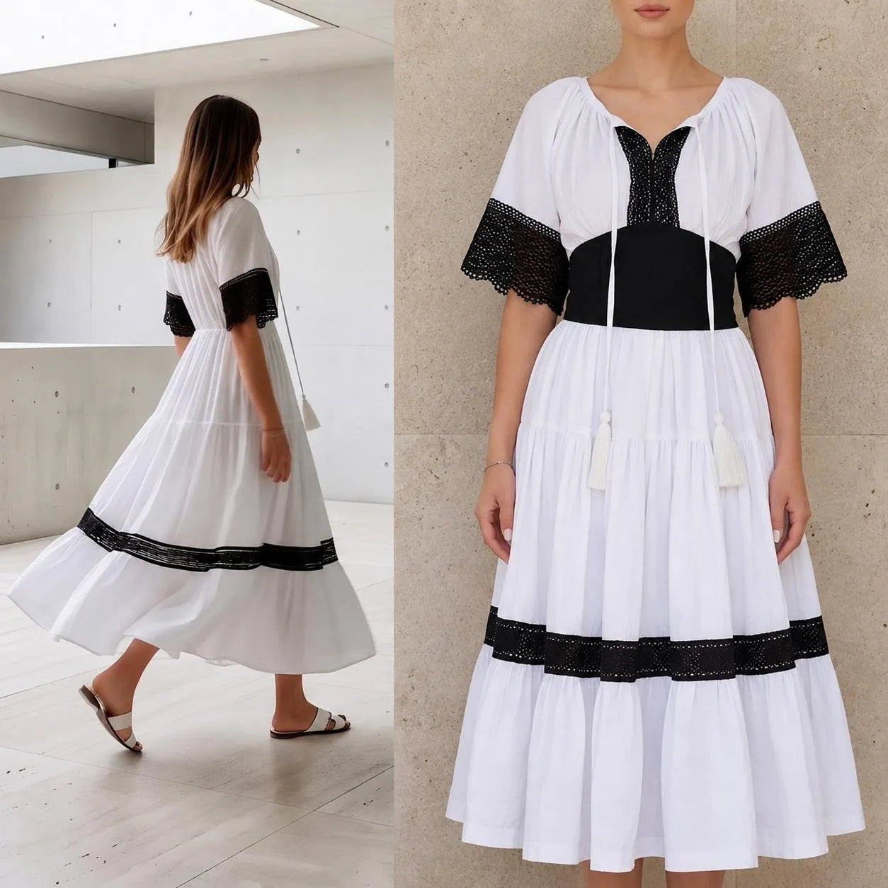 Rochie Nationala alba din panza topita, cu maneca scurta - Elena 02