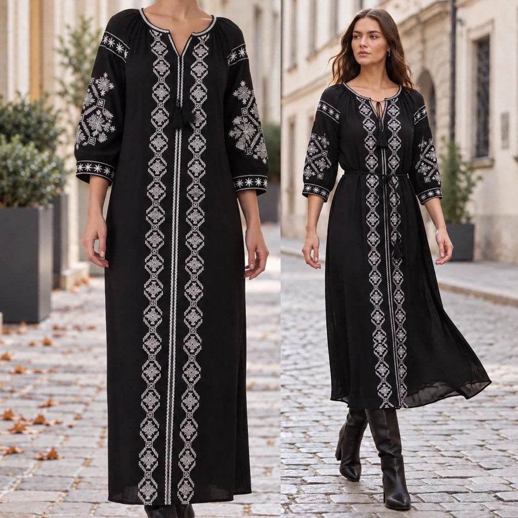 Rochie lunga tip ie traditionala - Nora negru 01