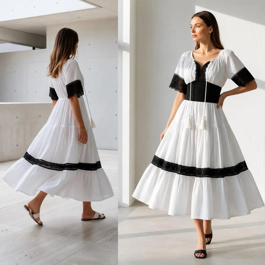 Rochie Nationala alba din panza topita, cu maneca scurta - Elena 02
