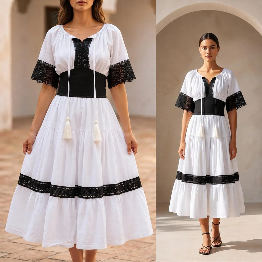 Rochie Nationala alba din panza topita, cu maneca scurta - Elena 02