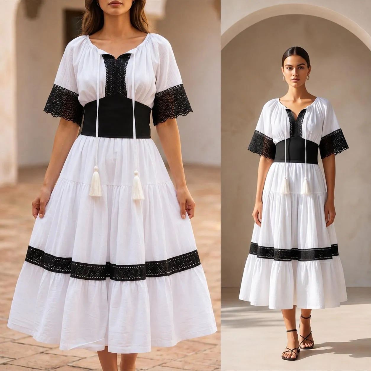 Rochie Nationala alba din panza topita, cu maneca scurta - Elena 02