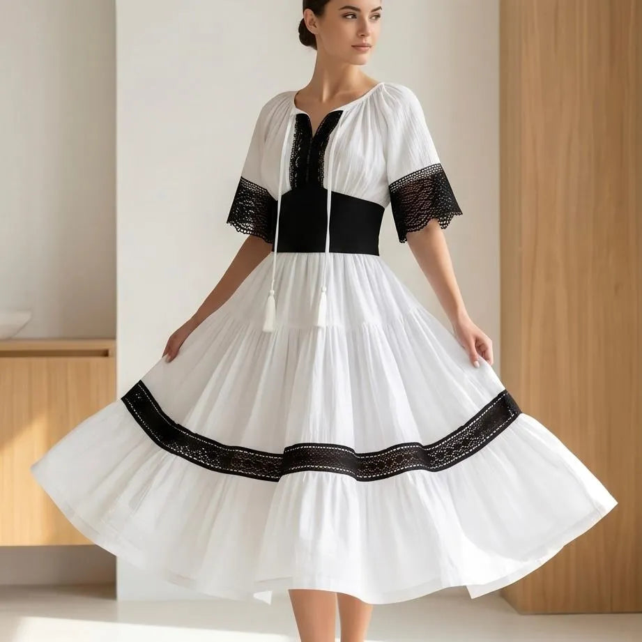 Rochie Nationala alba din panza topita, cu maneca scurta - Elena 02