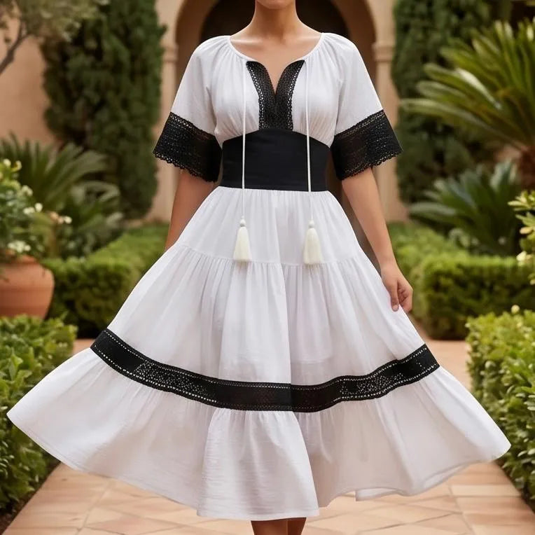 Rochie Nationala alba din panza topita, cu maneca scurta - Elena 02
