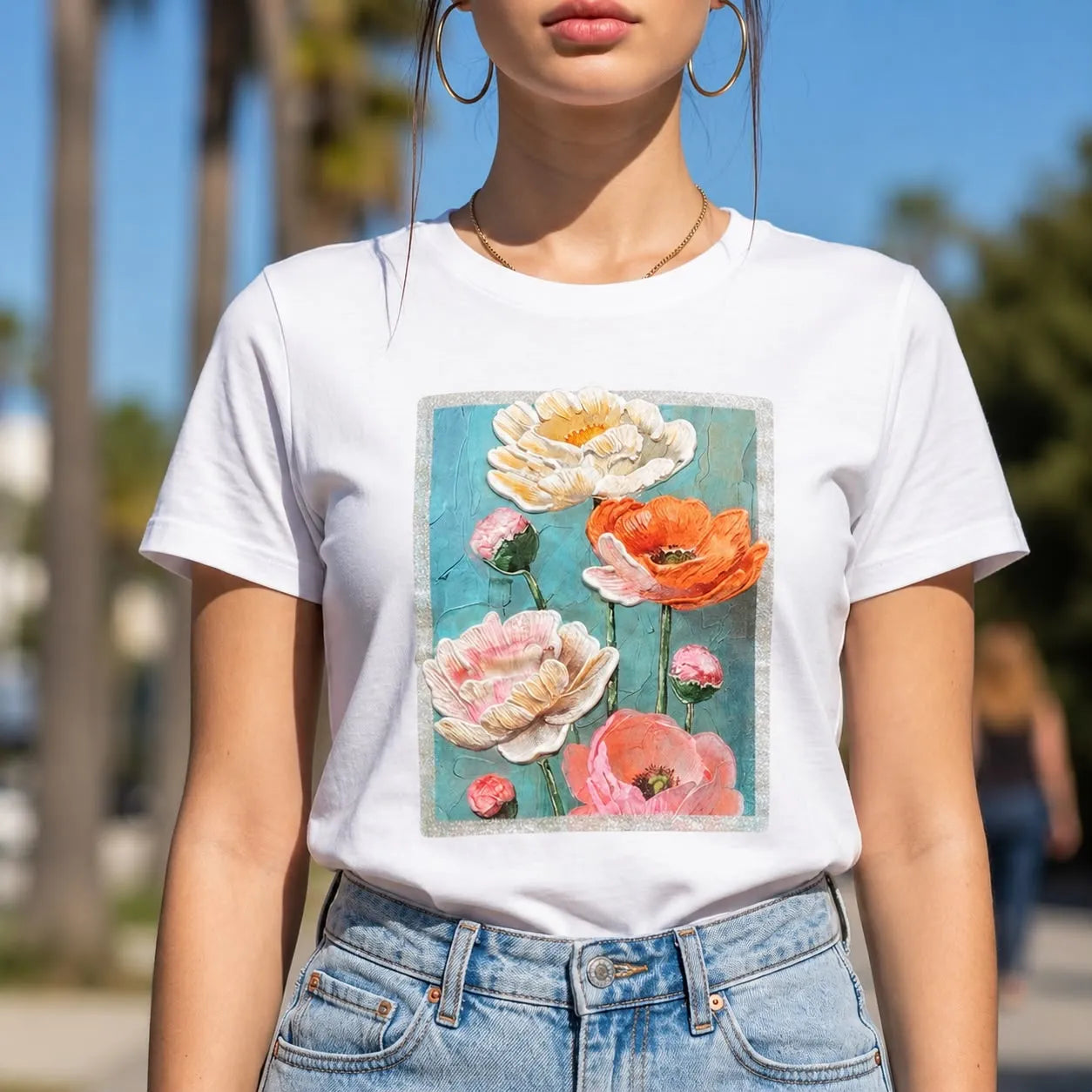 Tricou cu imprimeu cu floral 3D - Andra alb/roz/portocaliu 05