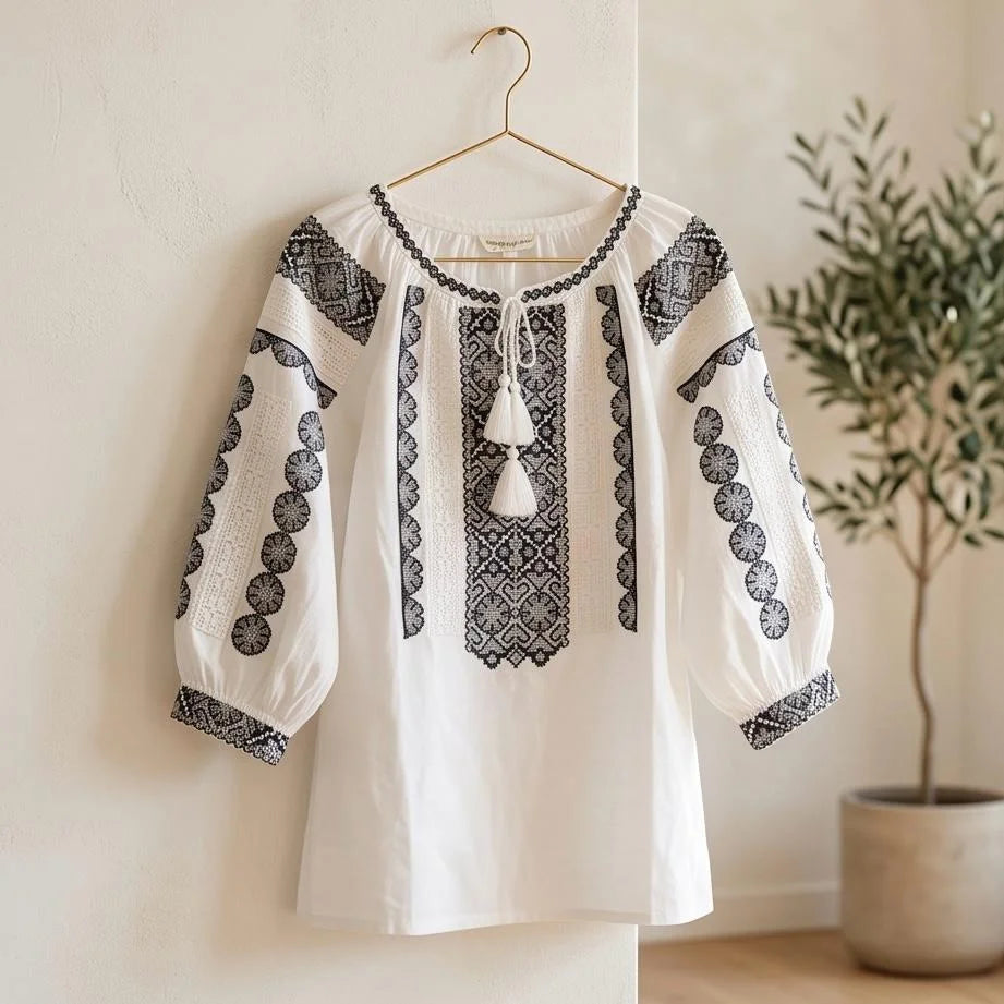 IE Nationala cu broderie gri - Sara alb 02