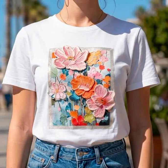 Tricou alb cu imprimeu cu floral 3D - Andra roz-portocaliu 04