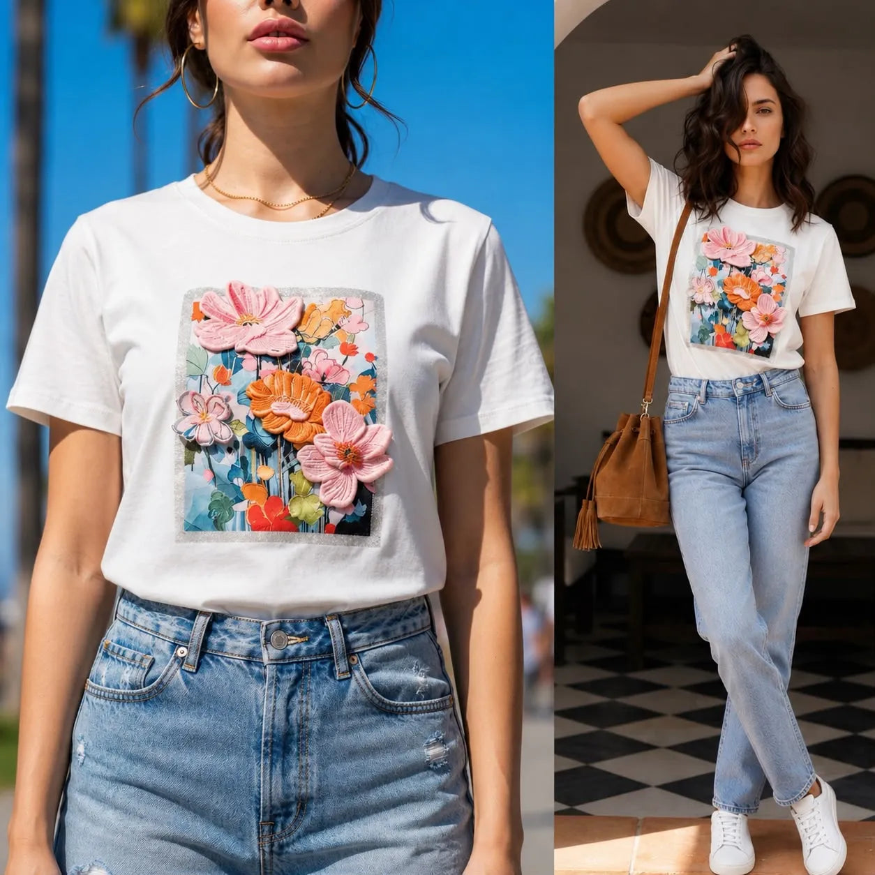 Tricou alb cu imprimeu cu floral 3D - Andra roz-portocaliu 04