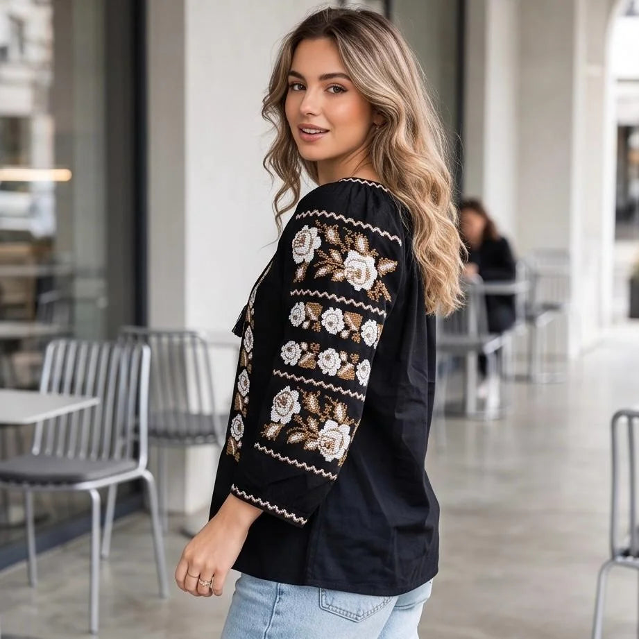 IE Nationala neagra cu flori brodate - Nadia negru