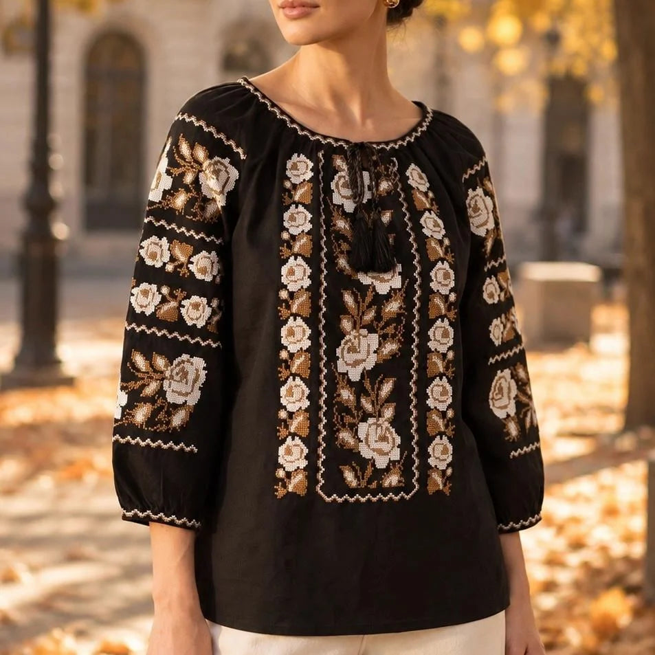 IE Nationala neagra cu flori brodate - Nadia negru