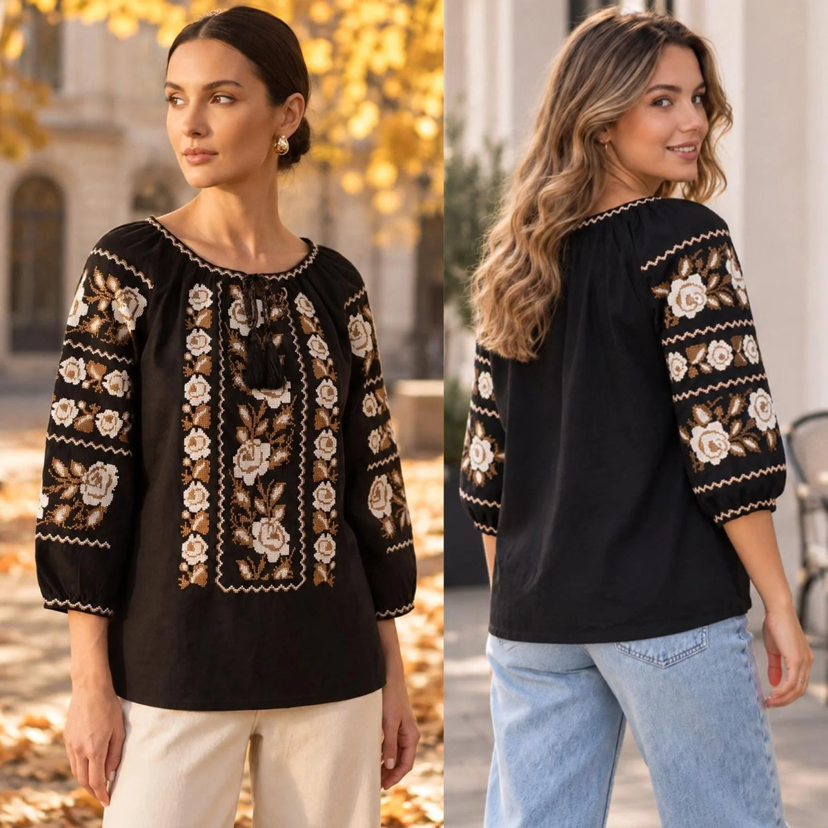 IE Nationala neagra cu flori brodate - Nadia negru